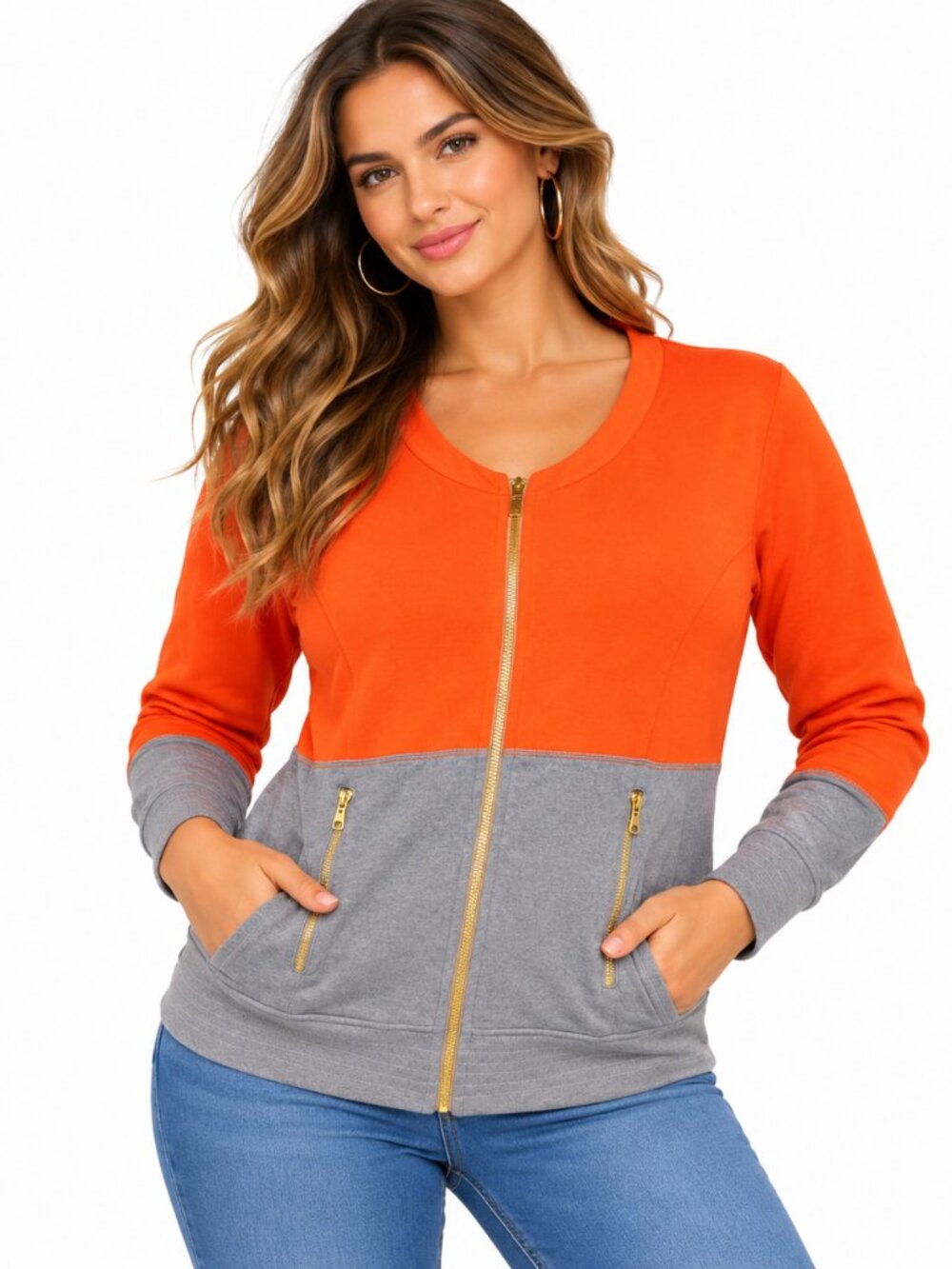 Ashley Sport Women’s Plus Size 14/16 Orange Gray Colorblock Zip Up Jacket